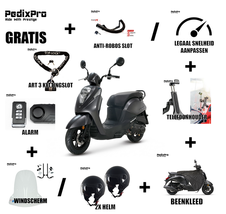 SUPER DEAL! FULL OPTION SYM MIO + GRATIS ALARM EN ART 3 KETTINGSLOT + WINDSCHERM / 2X HELM + BEENKLEED + LEGAAL OPVOEREN / ANTI-ROBOS STUURSLOT